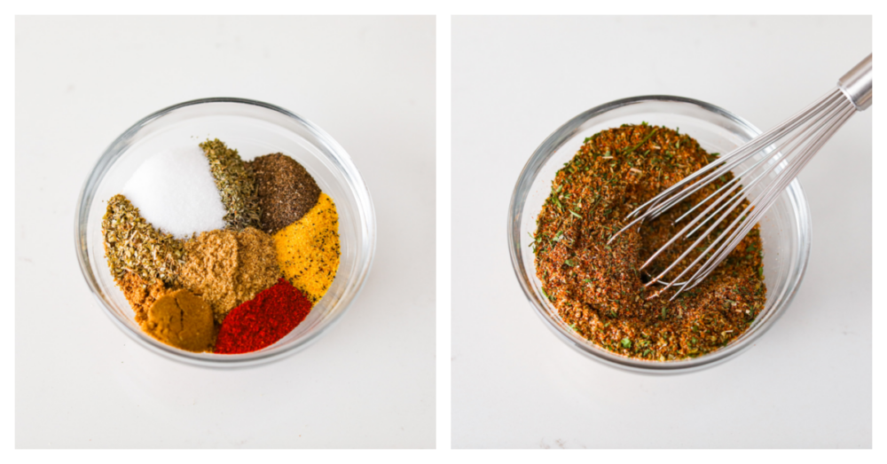 First process photo of all of the gyro spices added to a bowl before mixing. Second photo of a whisk mixing the gyro spices together in a bowl.