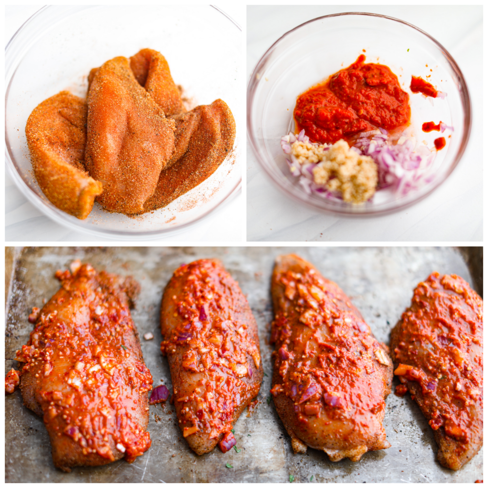 3-photo collage of chicken being seasoned.