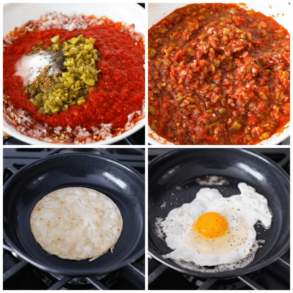 First photo of salsa ingredients added in a skillet. Second photo of salsa mixed together in a skillet. Third photo is a tortilla being fried in a skillet. Fourth photo is the egg being fried in a skillet.