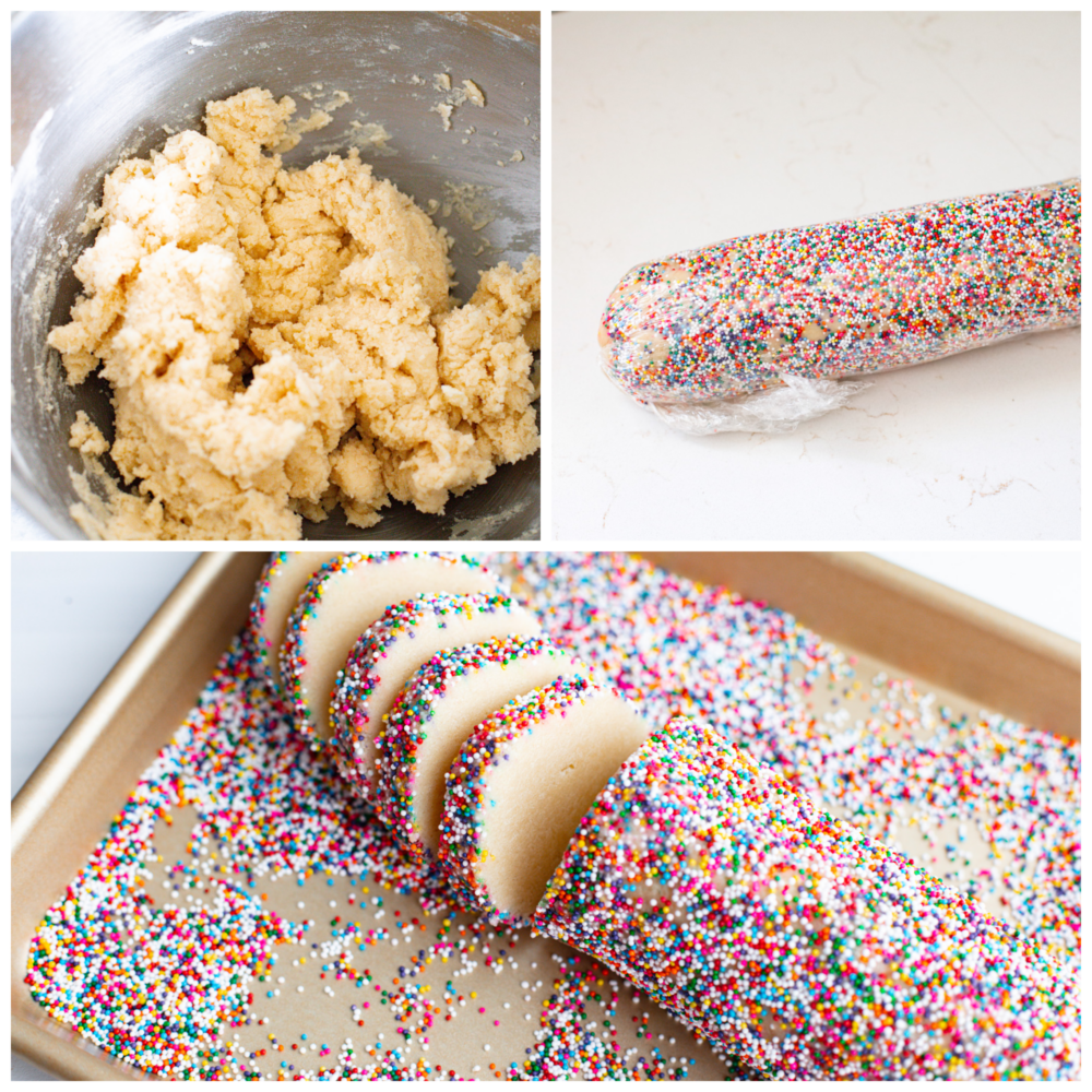 3-photo collage of the dough for icebox cookies being prepared and coated in sprinkles.