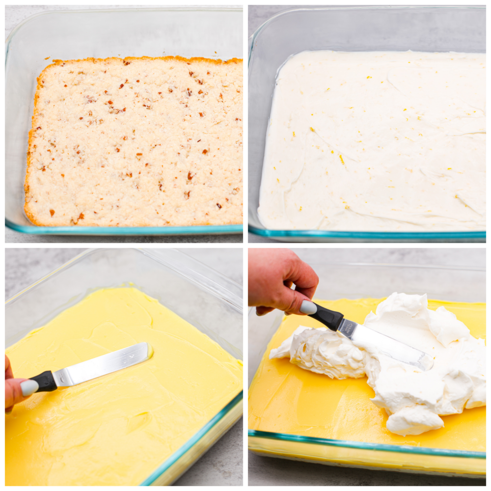 4-photo collage of each layer of lemon lush being prepared.