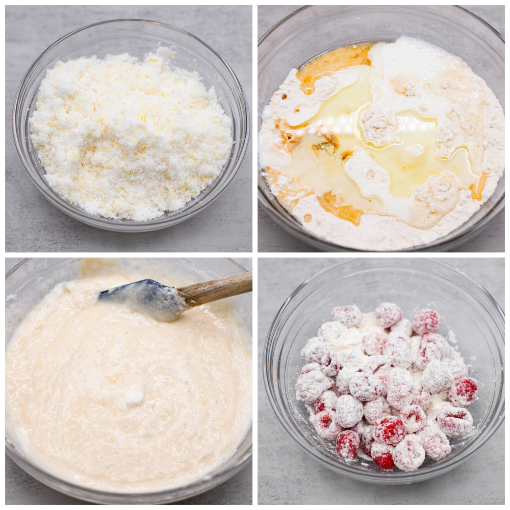 4-photo collage of cake batter being prepared.
