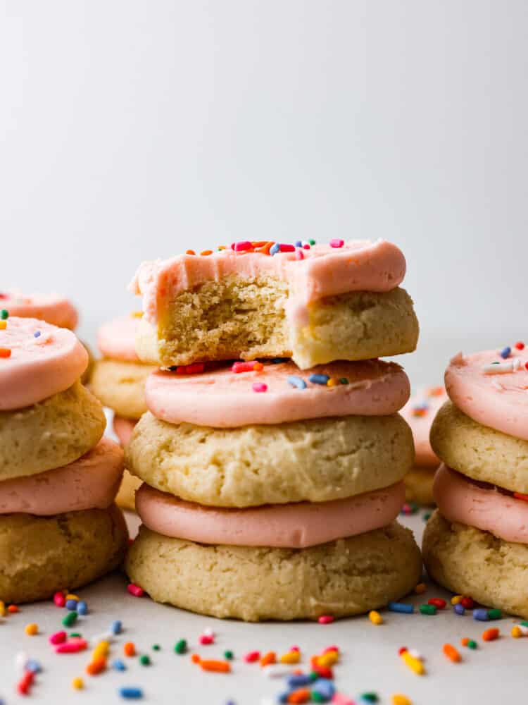 A stack of lofthouse style sugar cookies. 