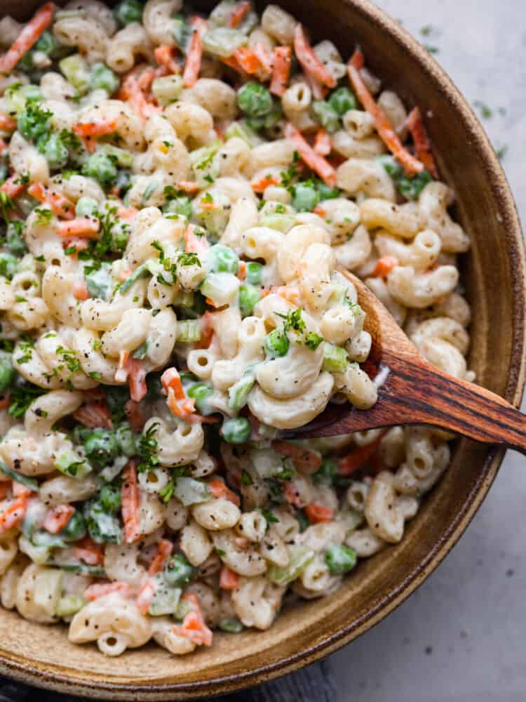 Closeup of easy macaroni salad in a serving bowl.