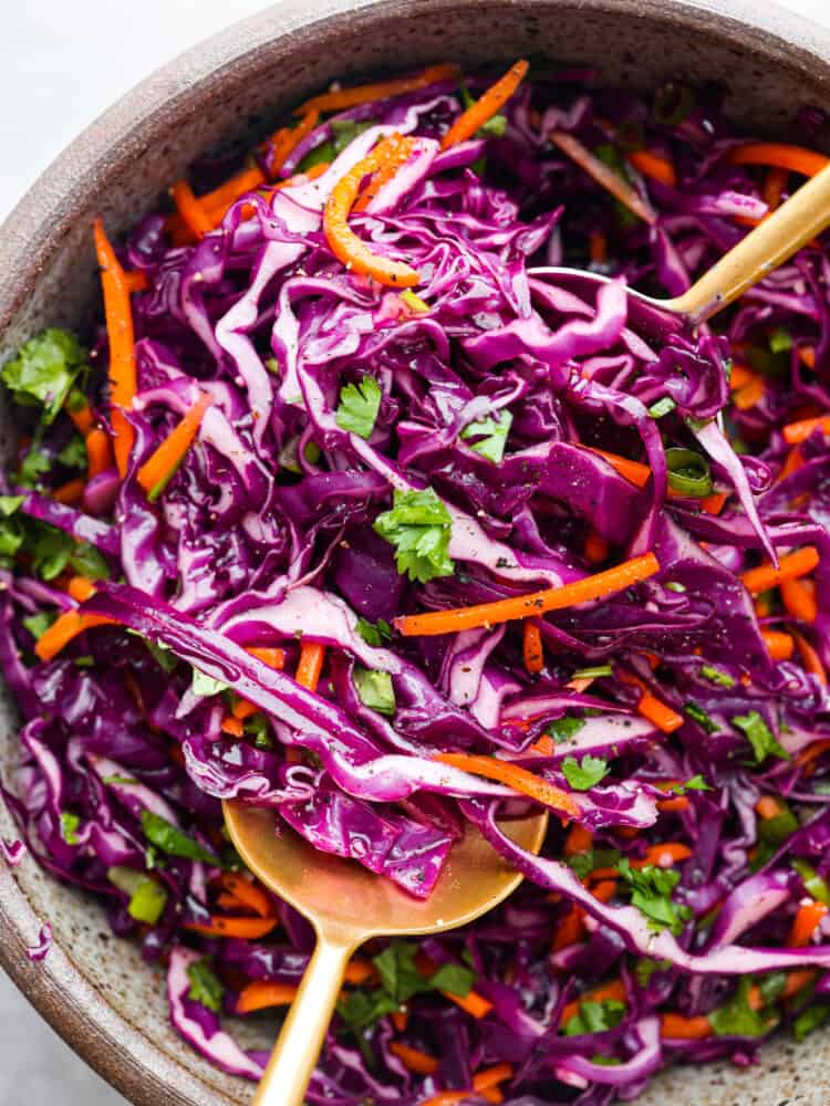 Closeup of red cabbage slaw.