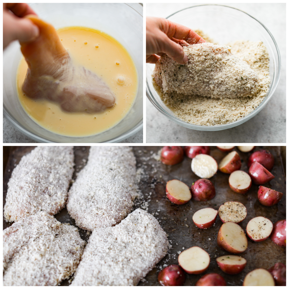 A collage of 3 pictures showing how to dredge the chicken in eggs and breadcrumbs and add it to a sheet pan with raw, seasoned potatoes. 
