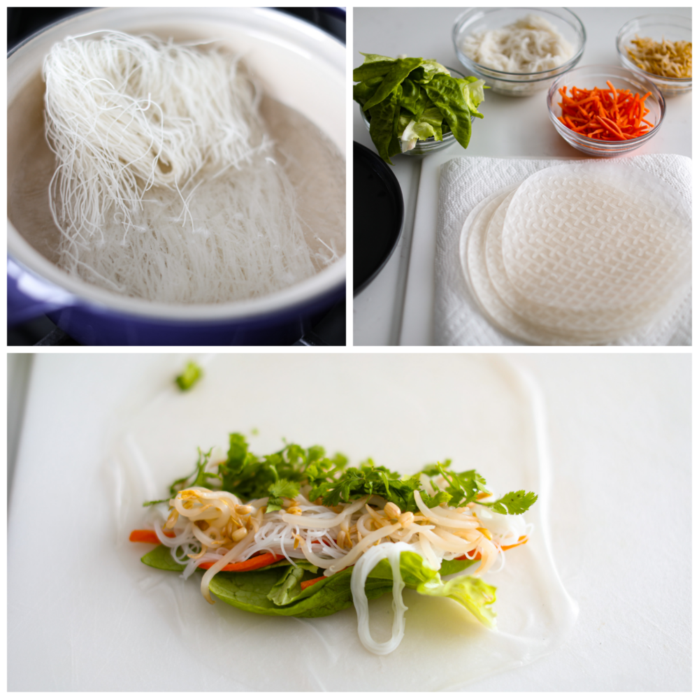 3-photo collage of the noodles being cooked and fillings being prepared.