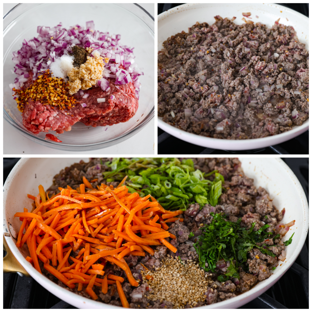 3-Photo collage of beef and vegetable mixture being cooked together.