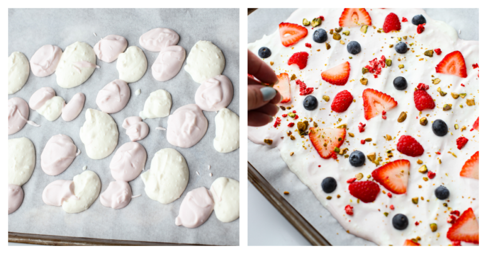 2-photo collage of yogurt and toppings being added to a baking sheet lined with parchment paper.
