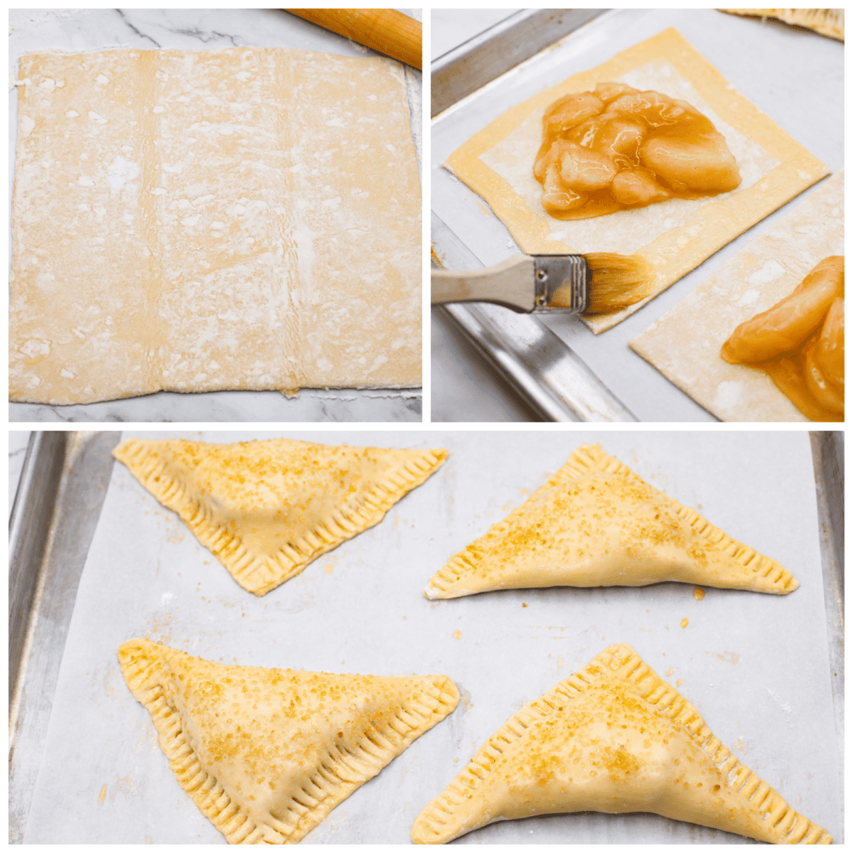 3 pictures showing how to assemble apple turnovers. 