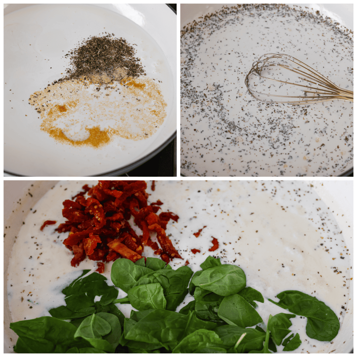 3-photo collage of sauce ingredients being mixed together.