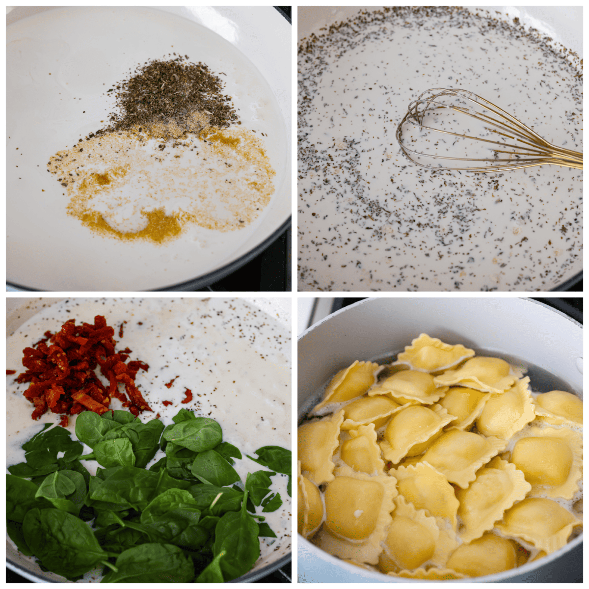 4-photo collage of the sauce being made and the ravioli being cooked.