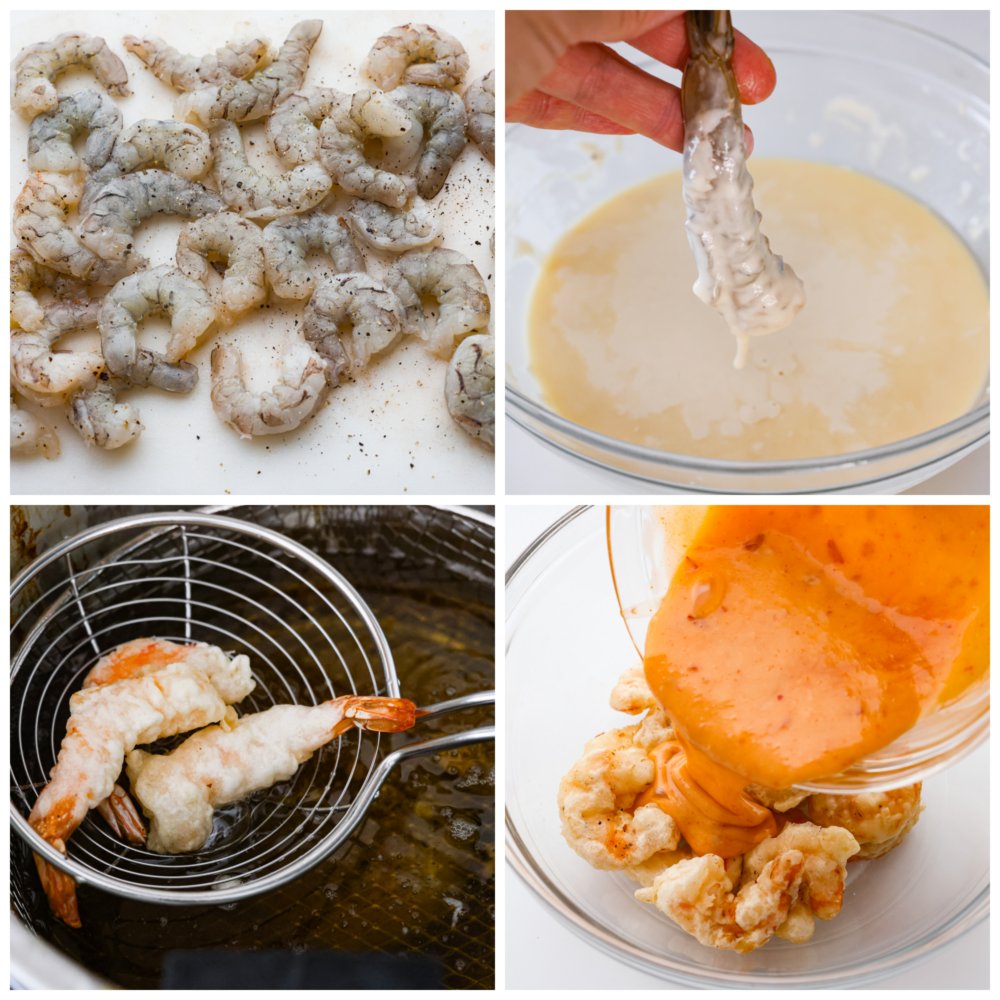4-photo collage of the shrimp being fried and coated in sauce.
