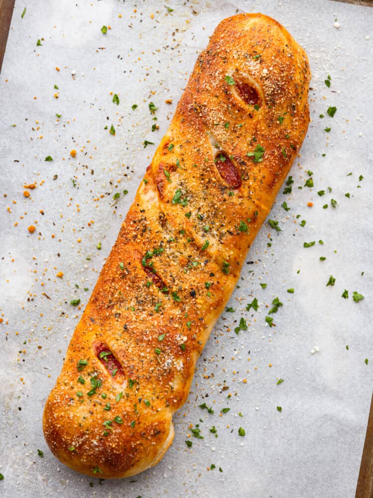 A whole cooked stromboli.
