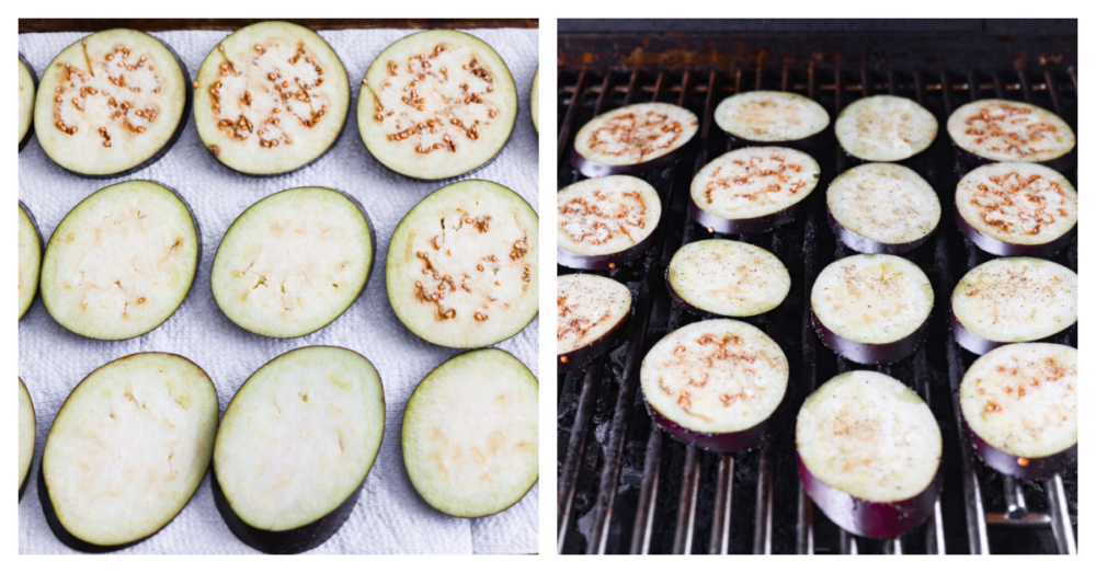 First process shot of eggplant slices drying on paper towels. Second photo of eggplant grilling on an outdoor grill.