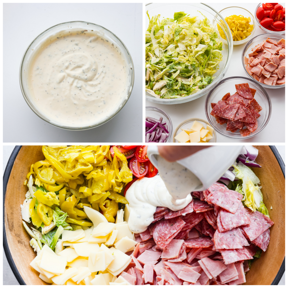 Collage of the salad ingredients being tossed with the dressing.