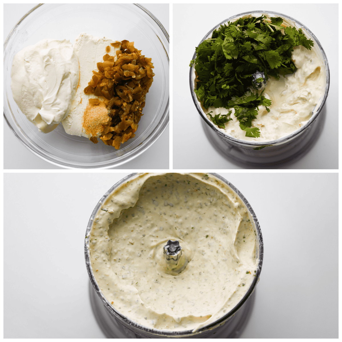 3 pictures showing how to add the ingredients to a food processor and then blending it. 