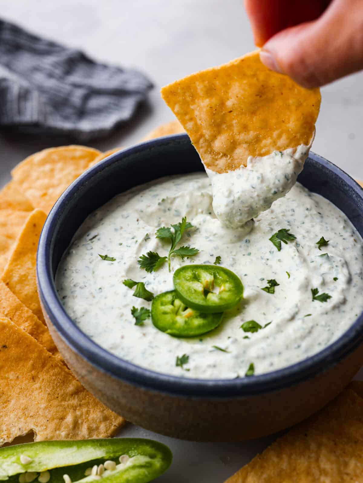 A bowl of dip with a tortilla chip dipping into it. 