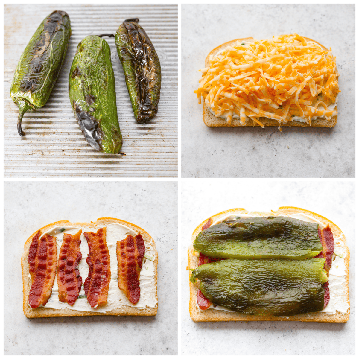 4-photo collage of the jalapenos being roasted and the sandwich assembled.