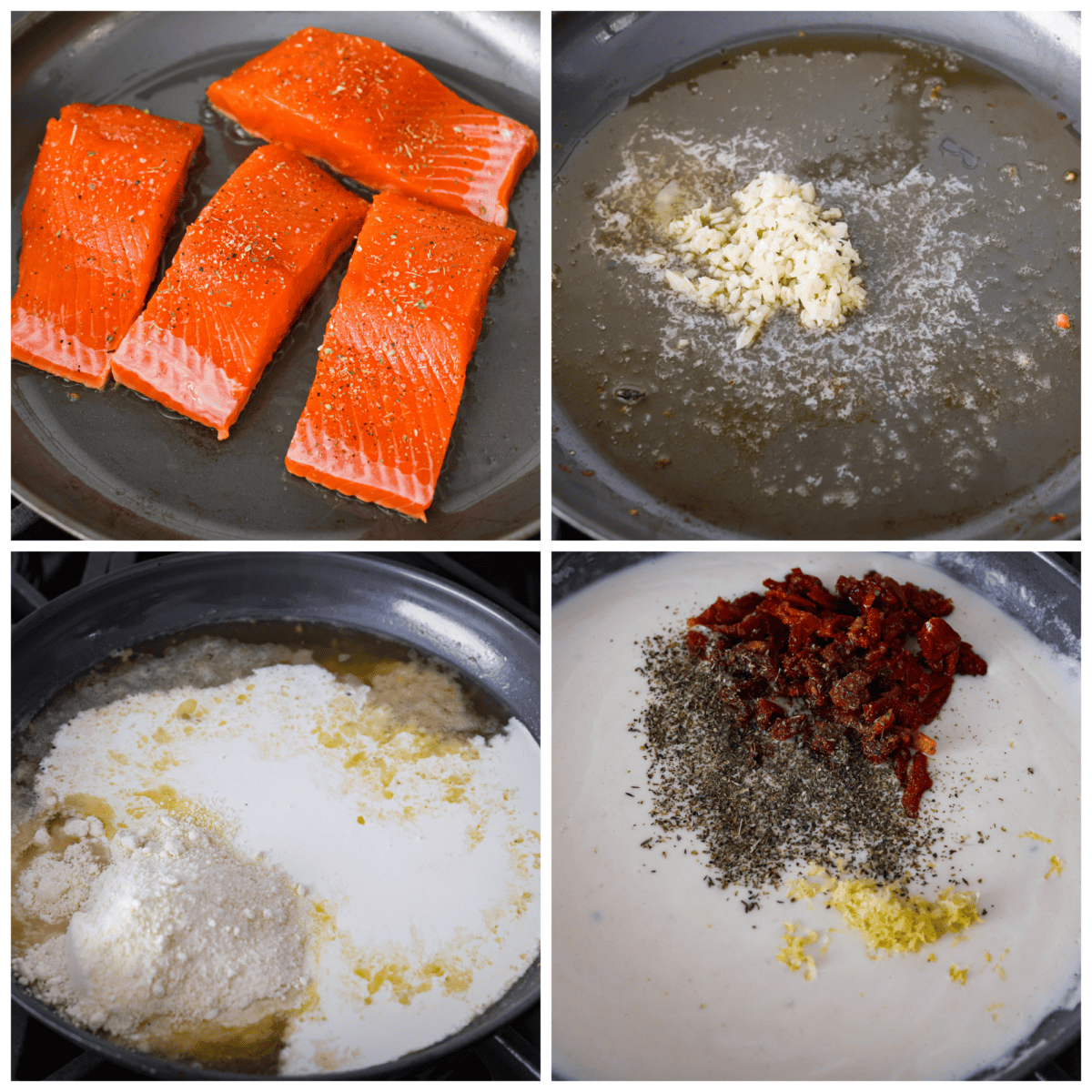 4-photo collage of salmon being cooked and sauce being prepared.