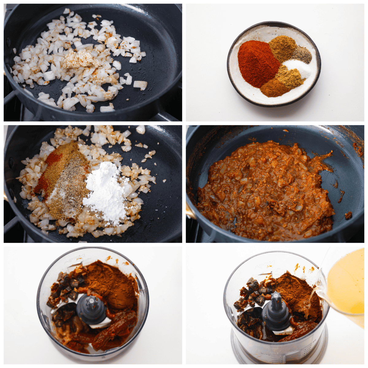 A collage of 6 photos of sautéing vegetables and mixing them with other seasonings and spices.