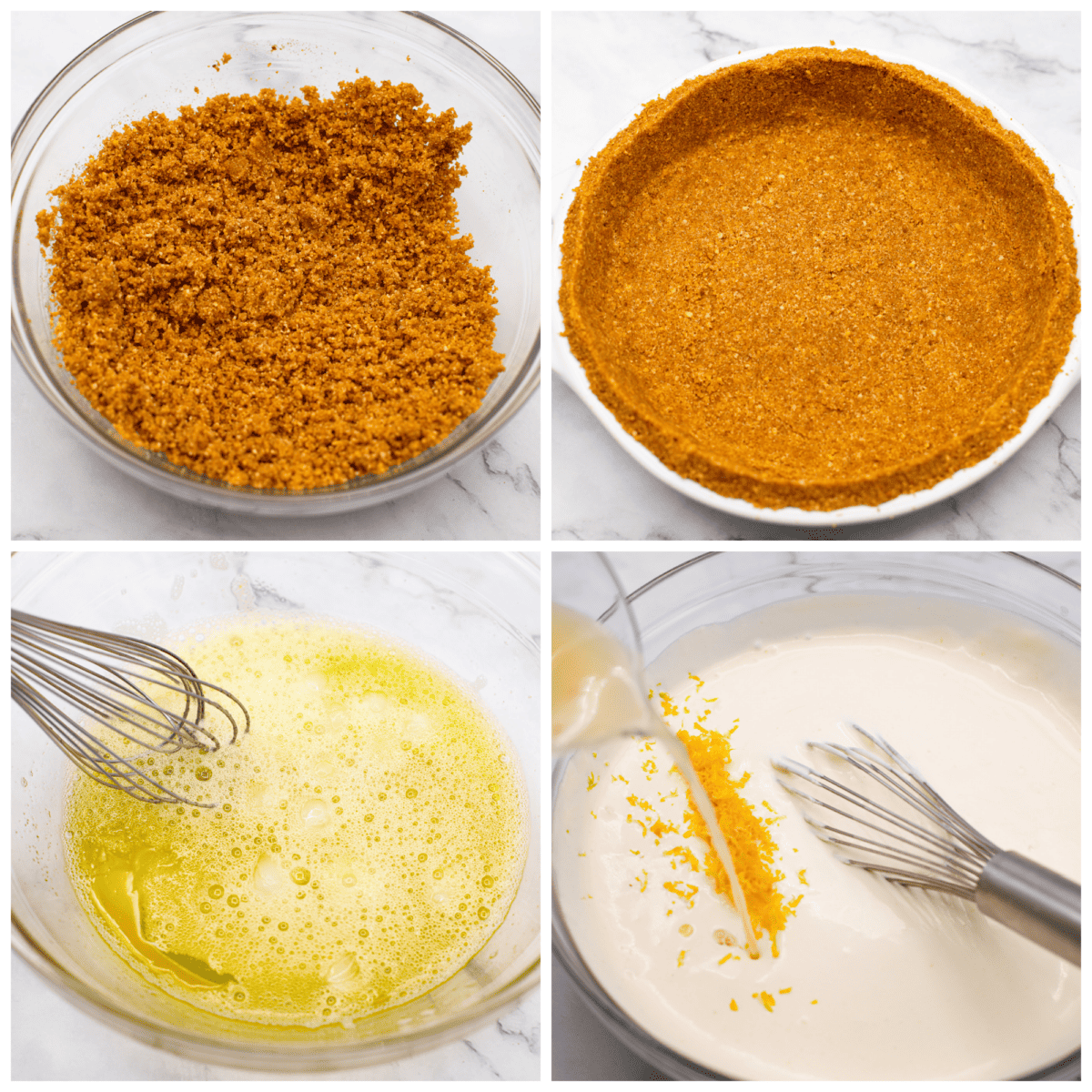 First photo of graham cracker crust mixed together in a bowl. Second photo of the crust pressed into a pie dish. Third photo of the jello dissolved in water. Fourth photo of the whipped cream, zest, and lemon juice being mixed into the filling.