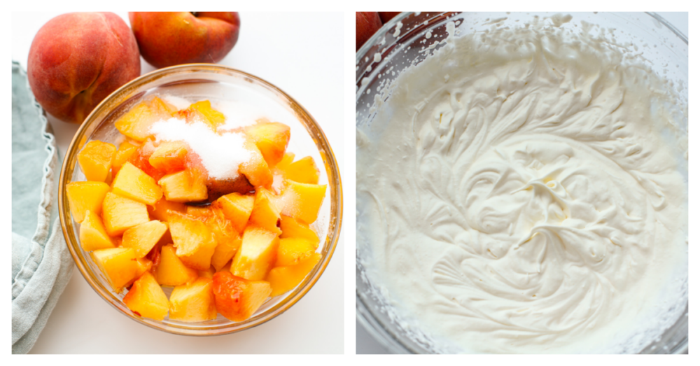 First photo of peach slices in a glass bowl with sugar on top. Second photo of whipped cream in a glass bowl.