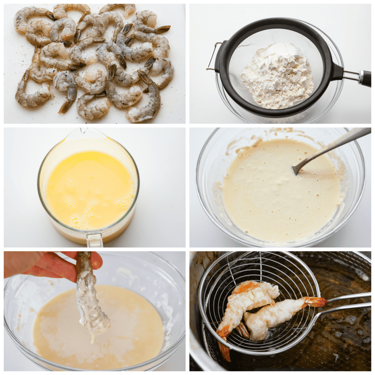 A collage of 6 photos of battered and fried shrimp.