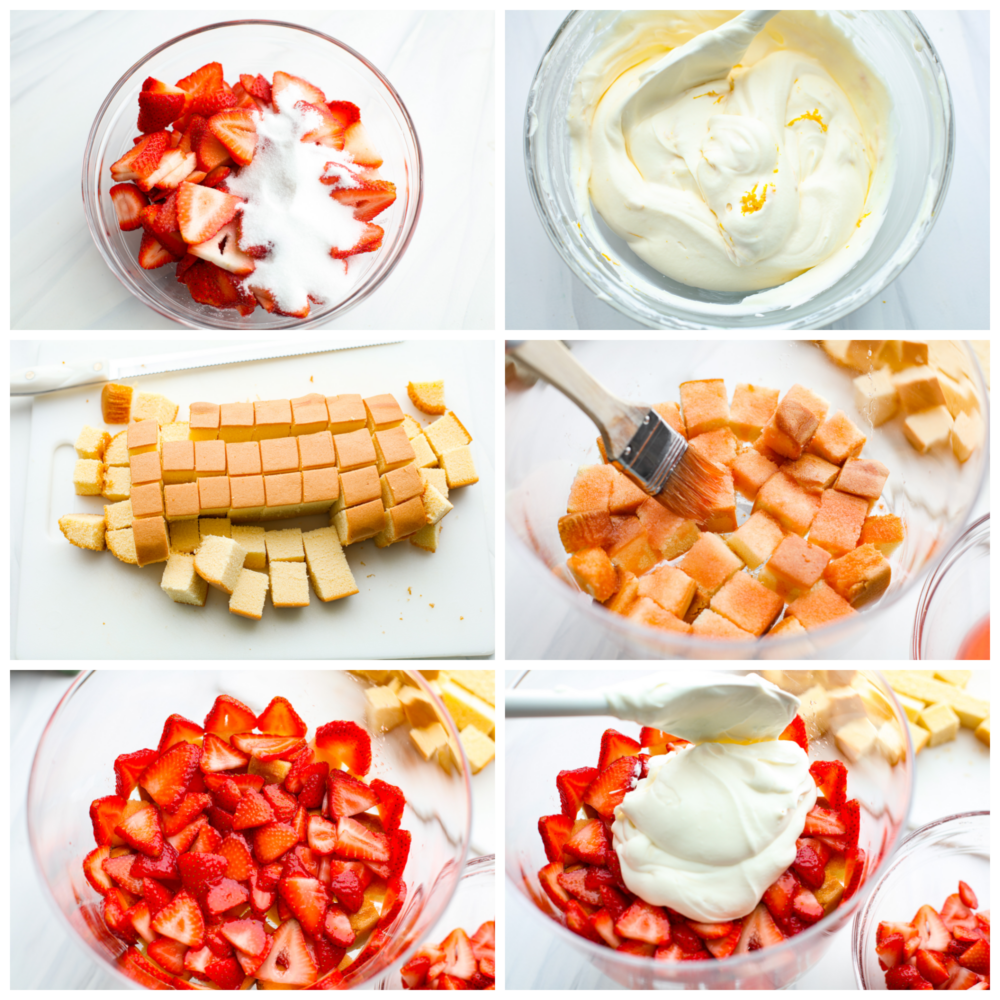 6-photo collage of the strawberries and cream cheese layer being prepared.