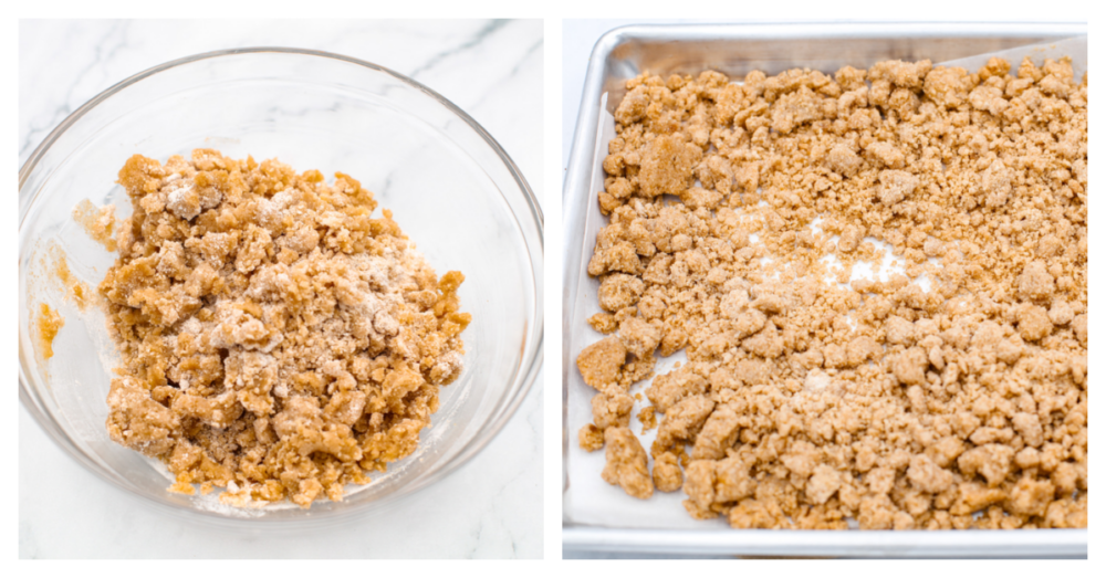 2 pictures showing how to mix the streusel topping. 