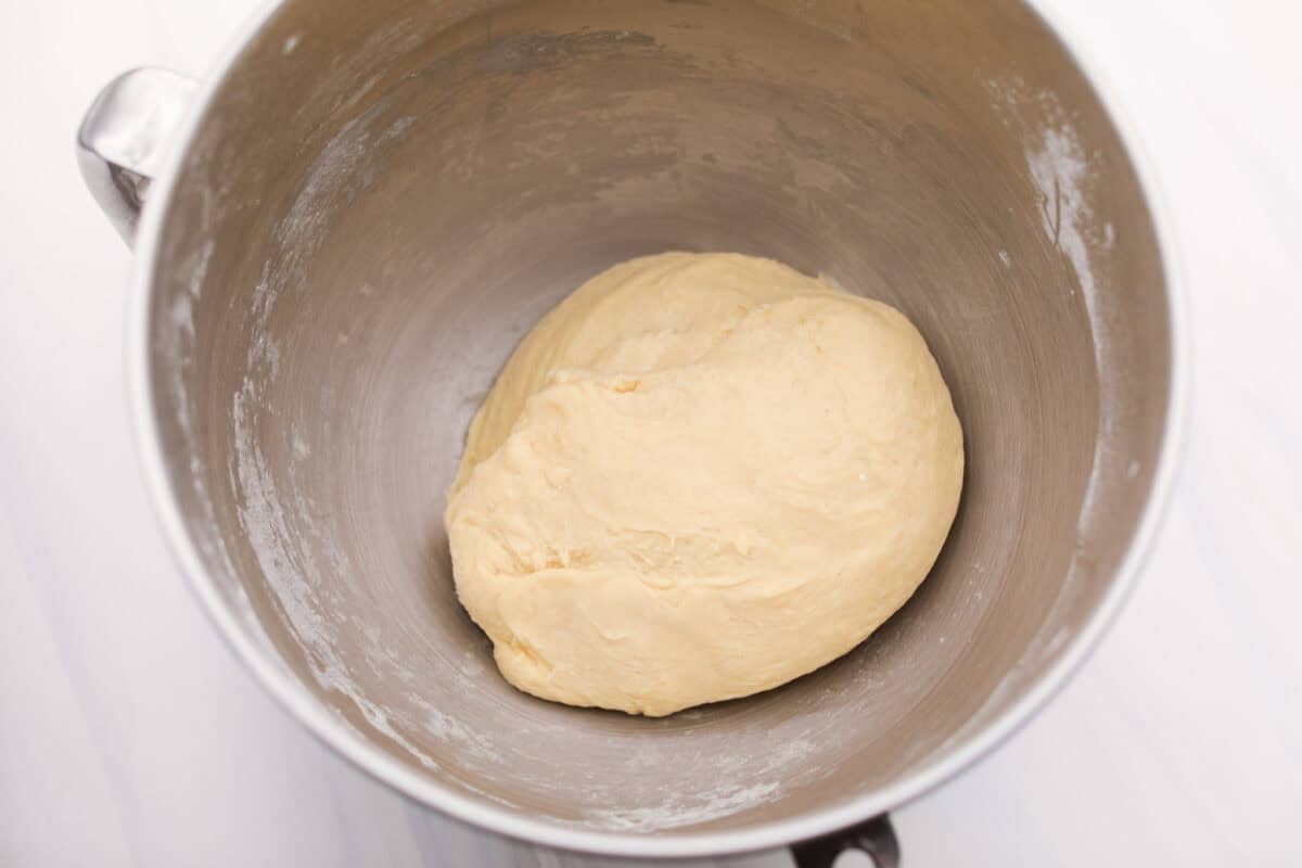 Dough ball resting in the bottom of the stand mixer bowl. 