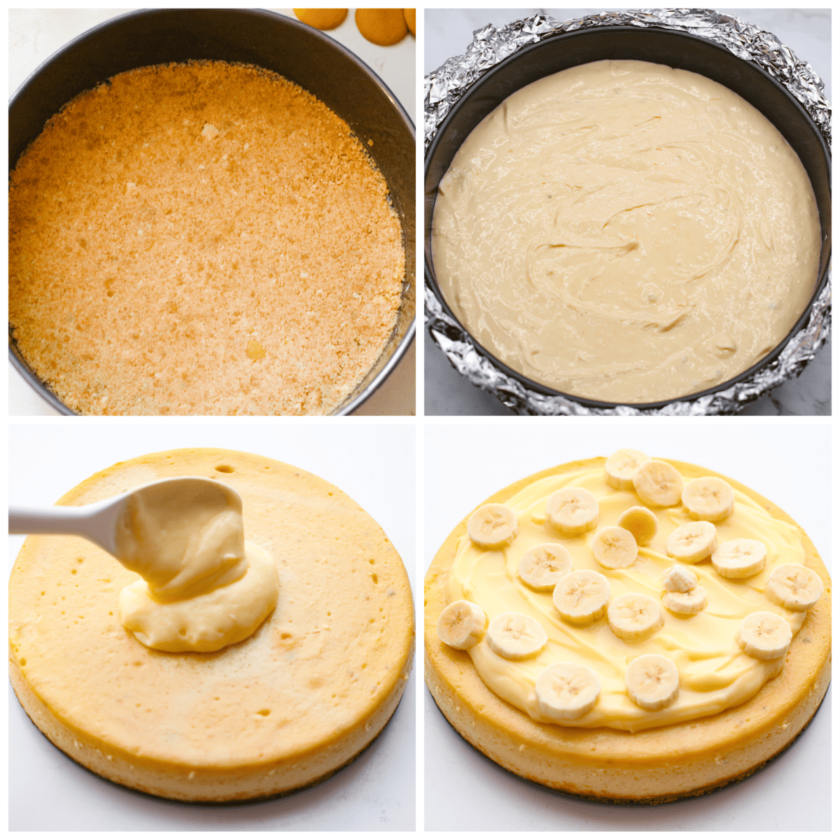 4 pictures showing the process steps to make banana pudding cheesecake. 