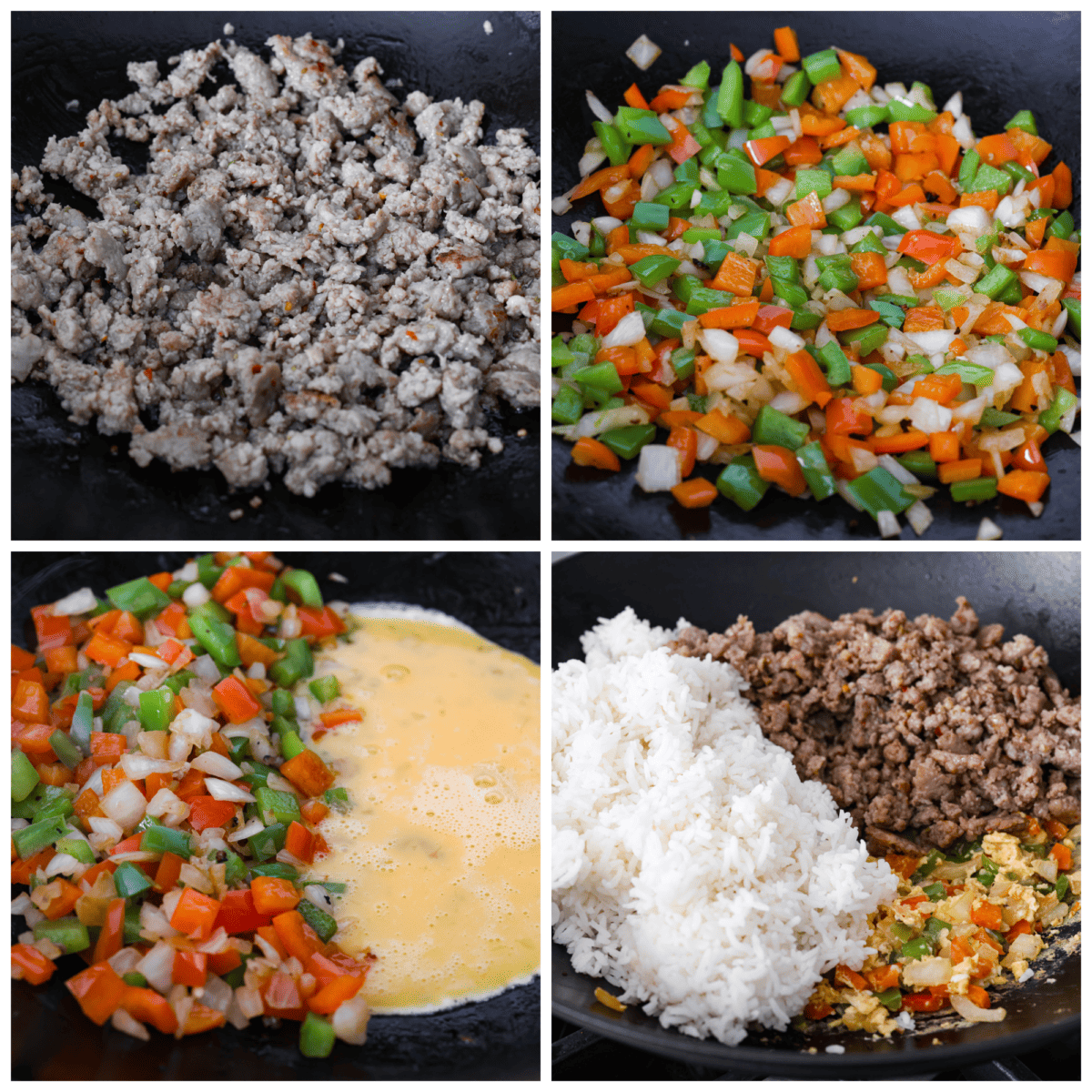 4 pictures showing how to cook the meat, veggies and eggs. 