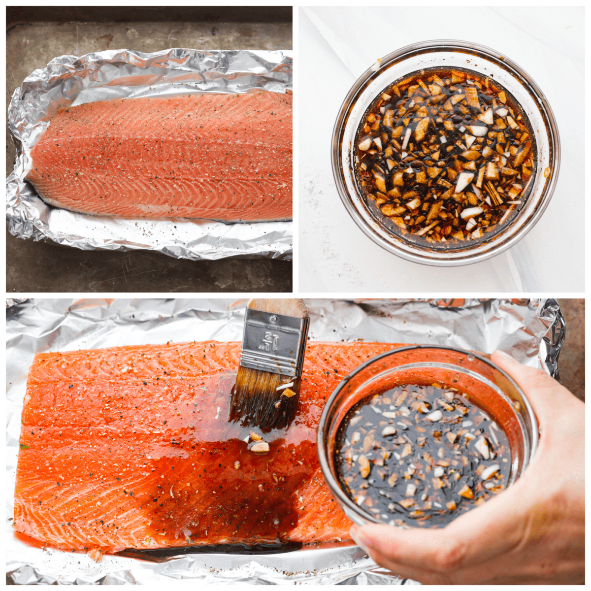 3 photos showing how to baste the salmon with the garlic brown sugar glaze. 