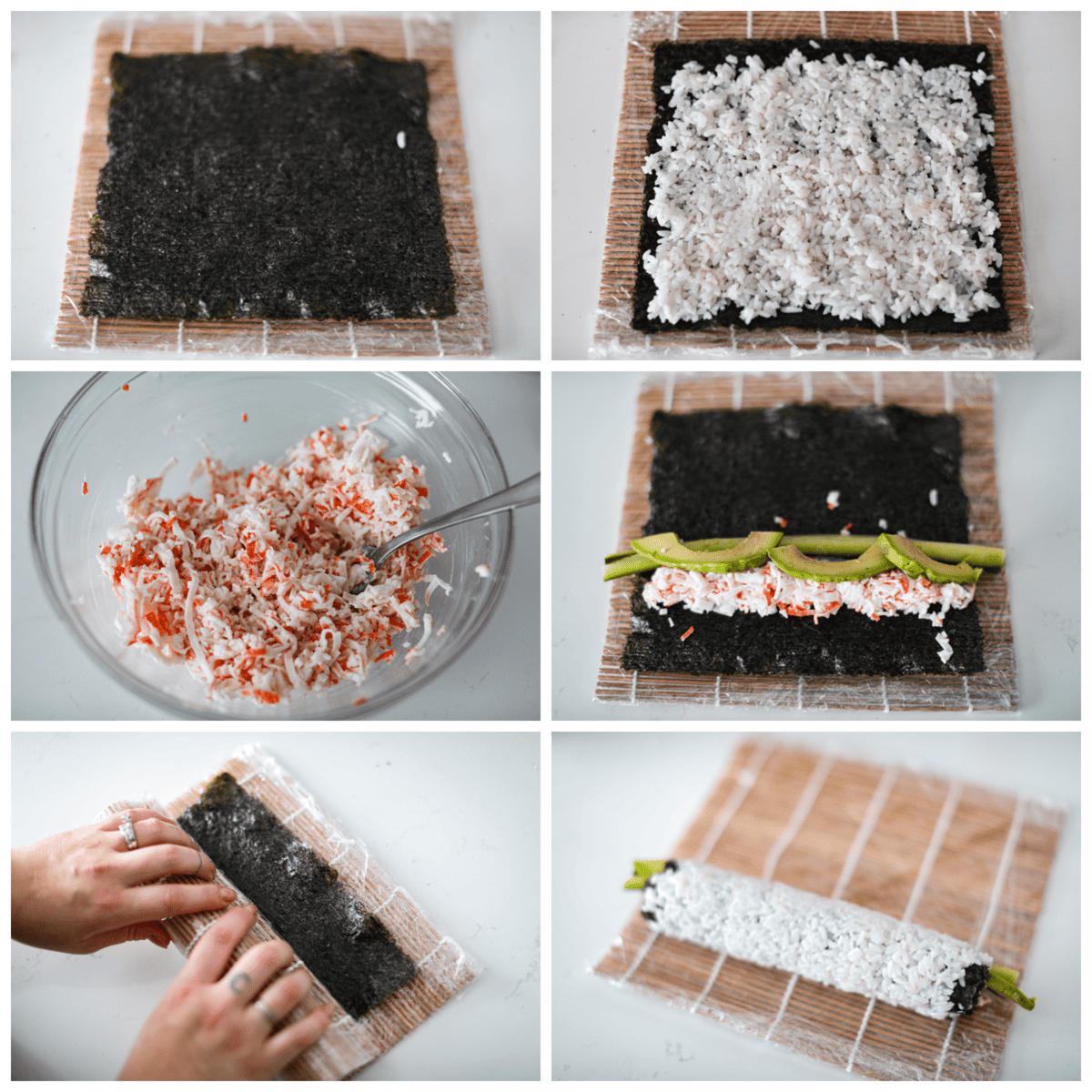 Collage of a California roll being prepared, step-by-step.