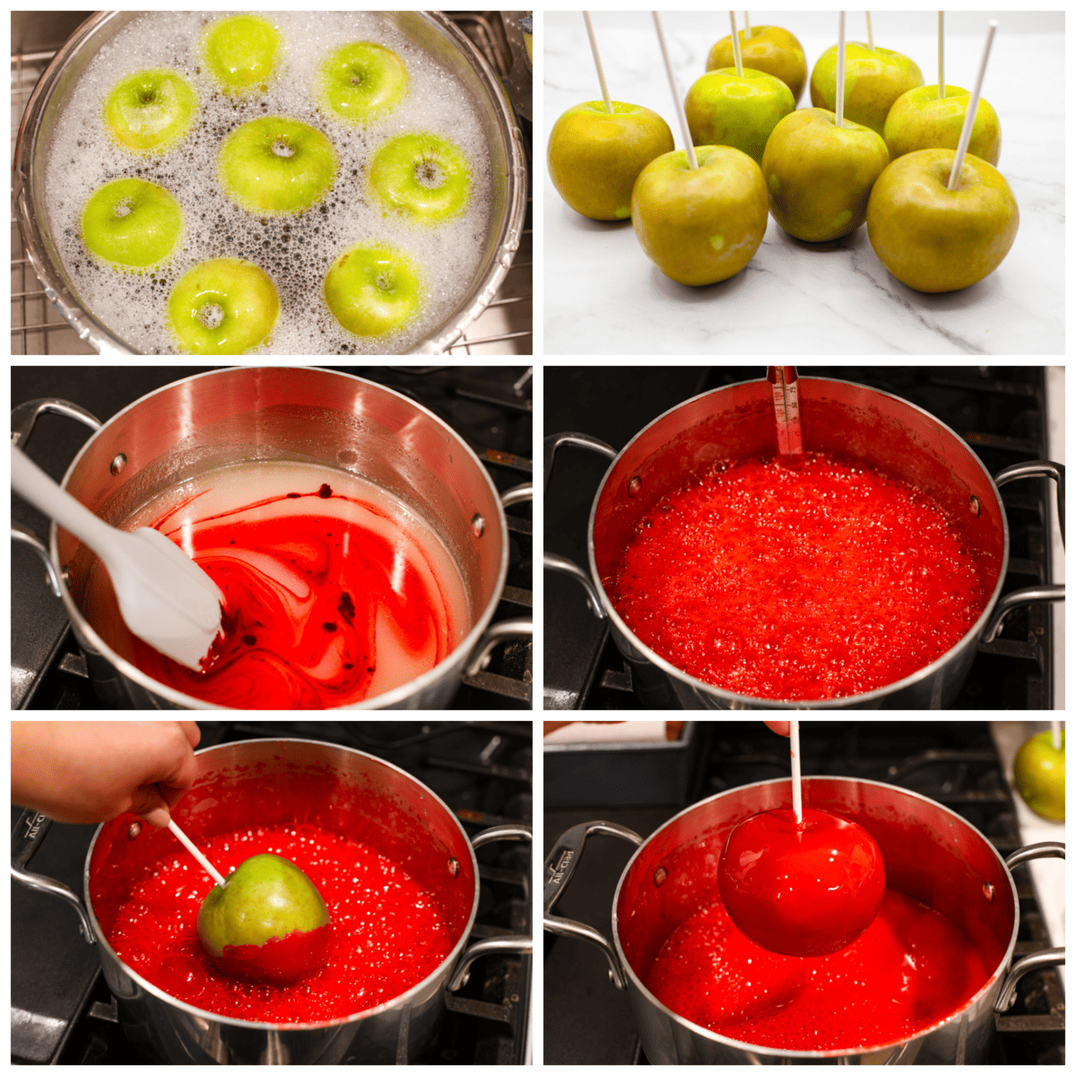 6-photo collage of apples being washed and prepped, then dipped in the candy coating.