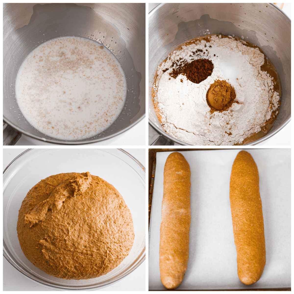 First process photo of the milk and yeast in a mixing bowl. Second process photo of the dry ingredients added to the mixing bowl. Third process photo of the bread proofing. Fourth photo of the loaves shaped before baking.