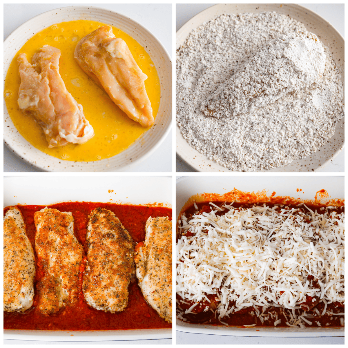 4-photo collage of the chicken being breaded and added to a baking dish along with marinara sauce, mozzarella, and parmesan.
