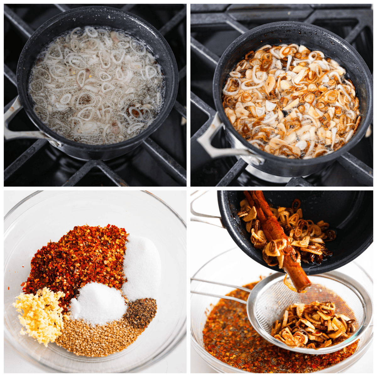 Collage of shallots being fried and then combined with spices and oil.