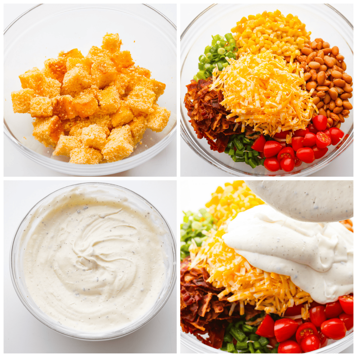 First photo of cornbread cubes in a bowl. Second photo of the salad ingredients added to the bowl. Third photo of the dressing mixed in a bowl. Fourth photo of the dressing pouring on top of the salad ingredients. 