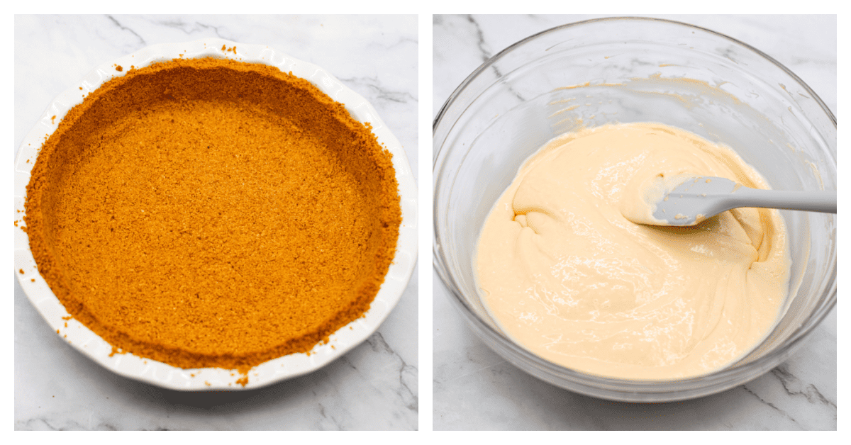 2 pictures showing a pie crust and a bowl of pie pilling. 