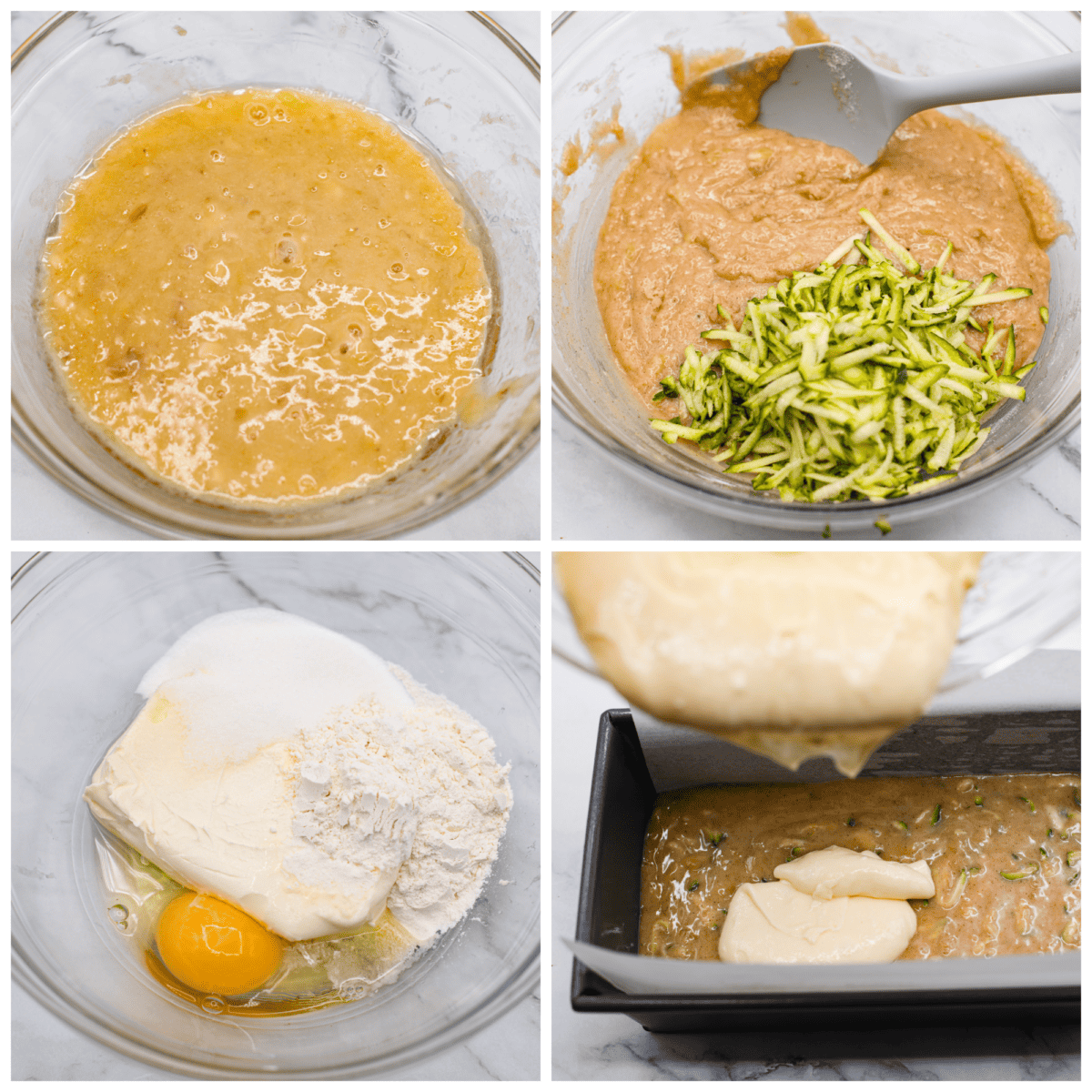 4-photo collage of the batter and filling being prepared.