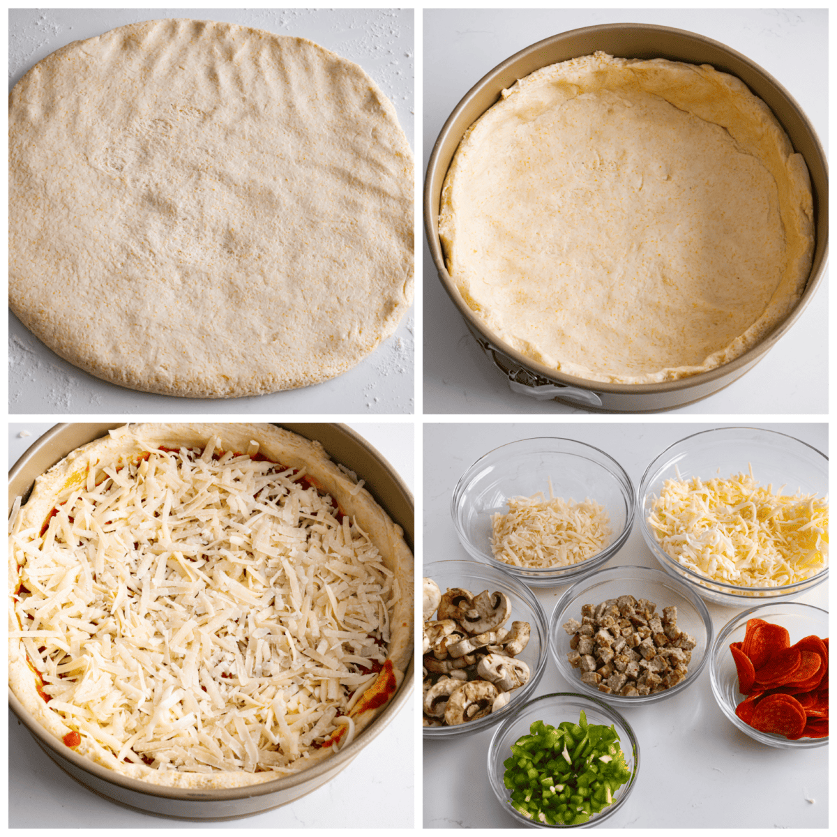 Collage of the pizza being prepared step-by-step.
