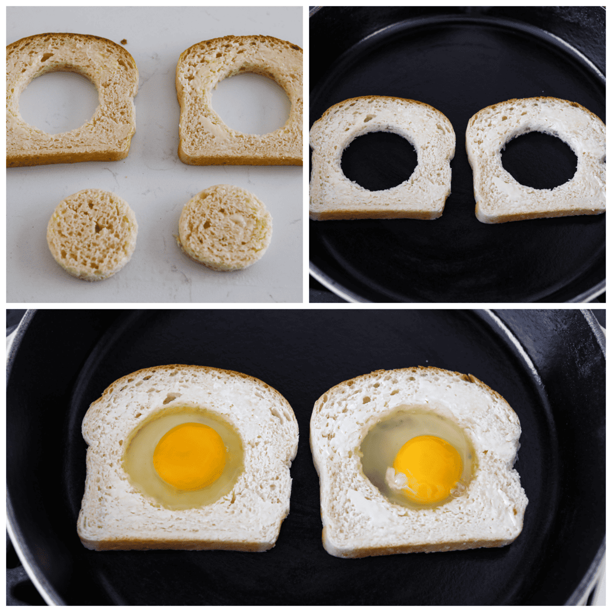 3-photo collage of the centers of the bread being cut out and filled with eggs.