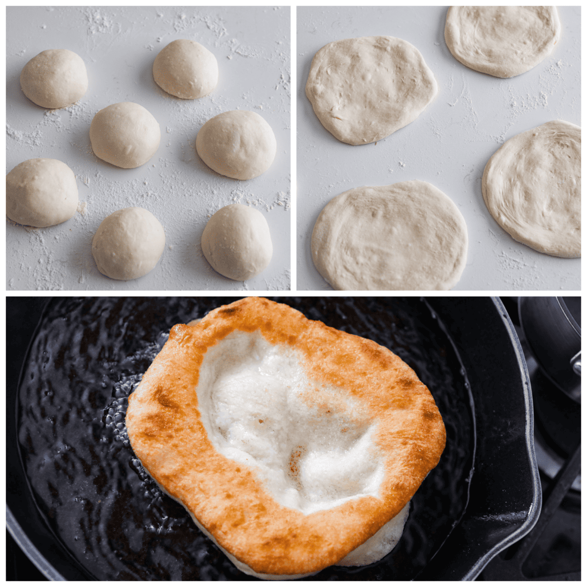 3-photo collage of the dough being shaped and fried.