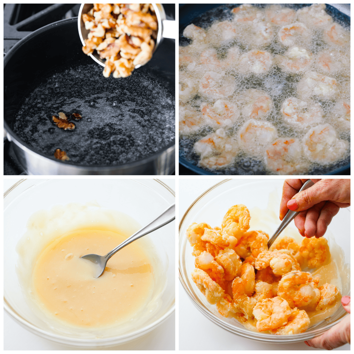 Crispy shrimp tossed in a creamy sweet sauce with candied walnuts. This honey walnut shrimp is so much better than takeout and one of the best shrimp recipes that you will make! 4-photo collage of the shrimp being breaded and fried.