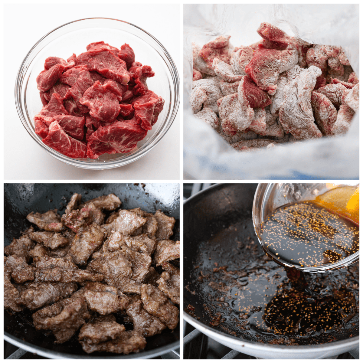 4-photo collage of beef being cooked and coated in a homemade sauce.