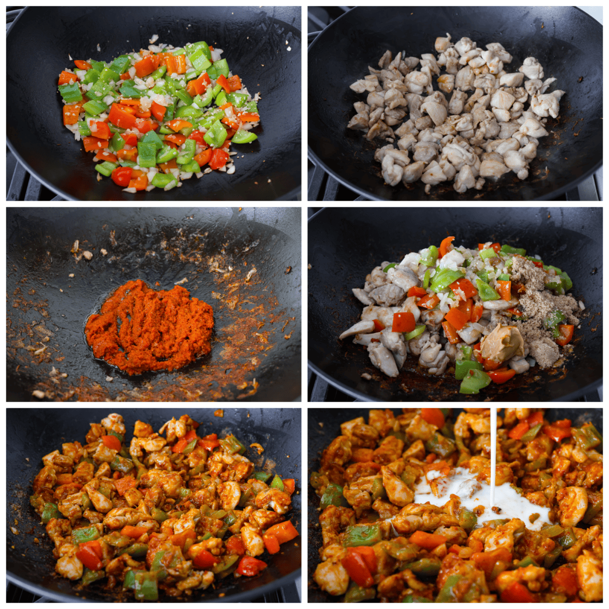 6 process photos in a collages showing how to add all of the ingredients to a large wok. 