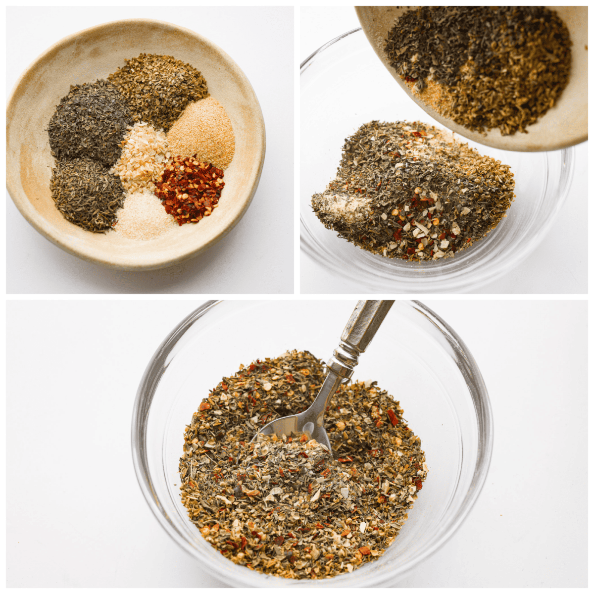 Collage of herbs and spices being mixed together.