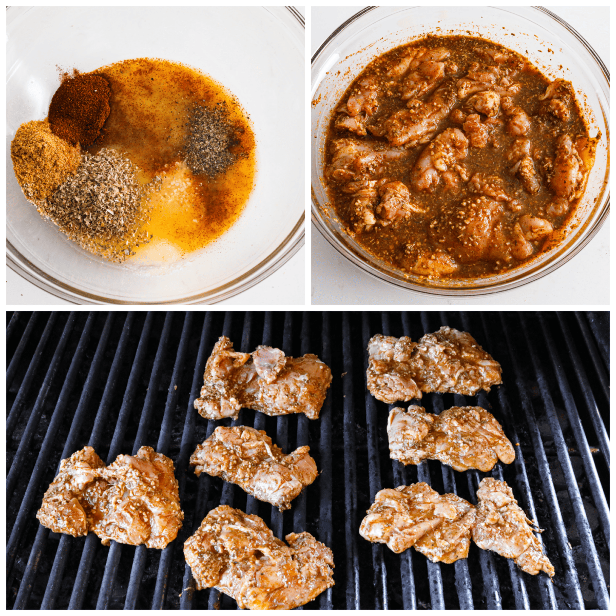 3-photo collage of pollo asado being marinated and grilled.